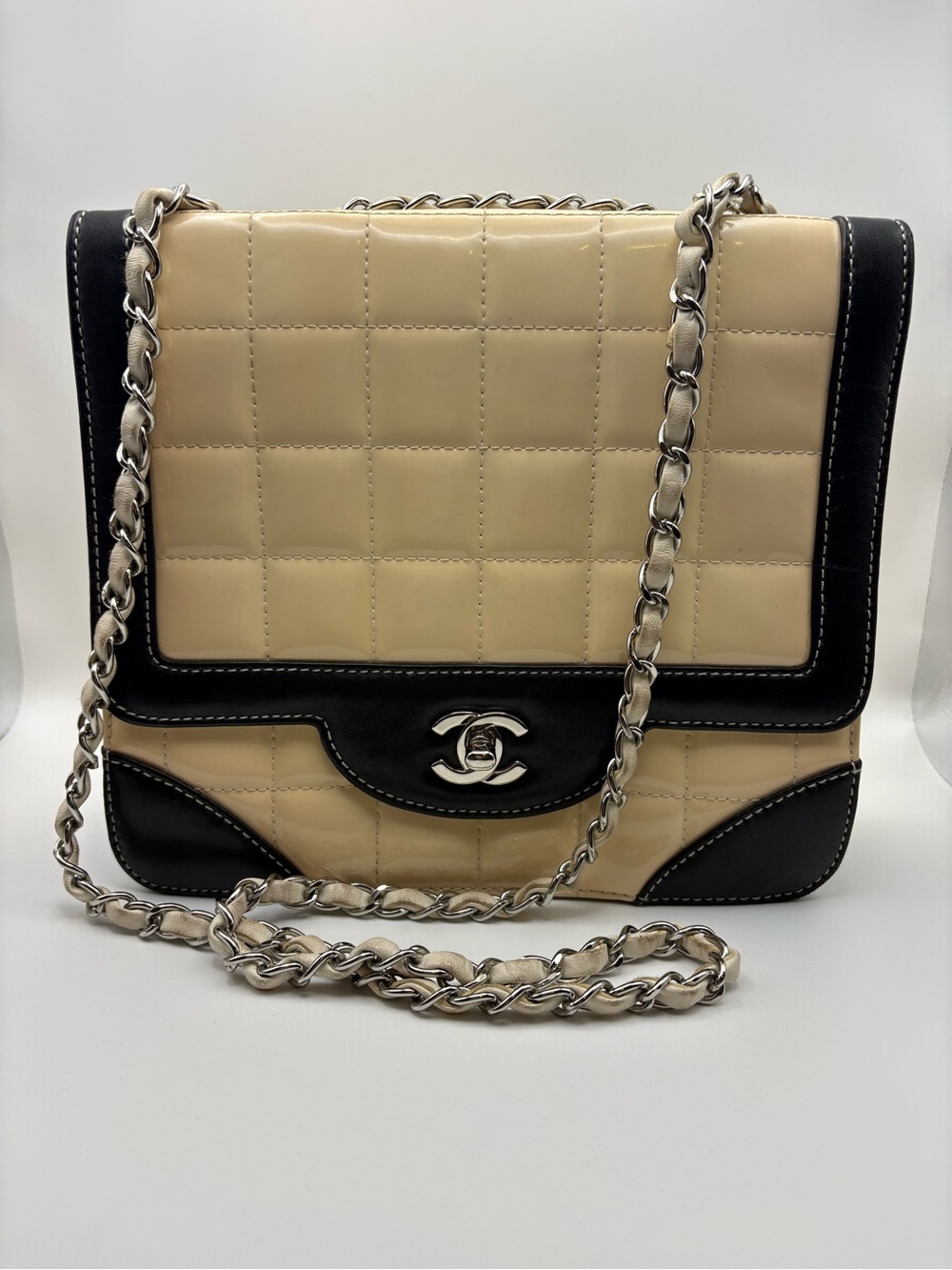 Authentic Chanel East West Chocolate Bar Flap Leather Handbag